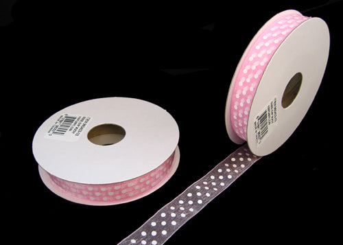 5/8" White Polka Dots Organza Ribbon Pink (25 yards)