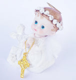 Praying Baby Angel with a Silver Cross and Feather Wings White 