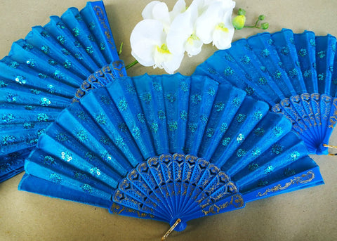 Turquoise Cloth Hand Fans with White Plastic Handle (10 pcs)