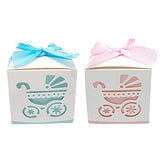 2.3" Cube Paper Favor Box with Blue Ribbon and Baby Stroller Pattern -12 Pieces