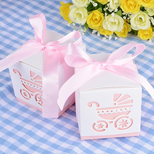 2.3" Cube Paper Favor Box with Pink Ribbon and Baby Stroller Pattern -12 Pieces
