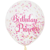 12 Inch Confetti Balloons with "Birthday Princess" Text (6 Balloons)