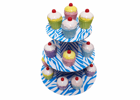3 Tiers Cardboard Cupcake Stand - Zebra Print - Blue/White