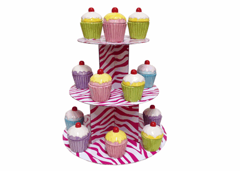 3 Tiers Cardboard Cupcake Stand - Zebra Print - Pink/White