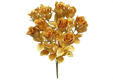 14 Heads Artificial Gold Rose Silk Flower Bush 