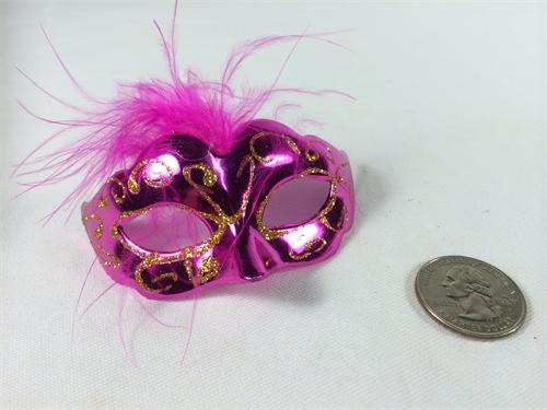 3" Mini Gold Glitter Venetian Mask with Feather Fuchsia (12 Pieces)