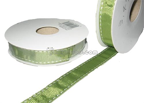 5/8" Green Grosgrain Polyester Ribbon With White Stitched Edge 10 YDS 