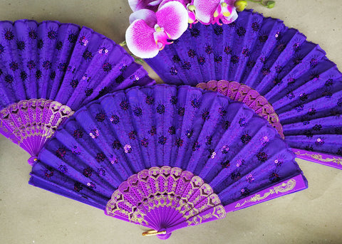10 Pcs Purple Cloth Hand Fans with Plastic Handle